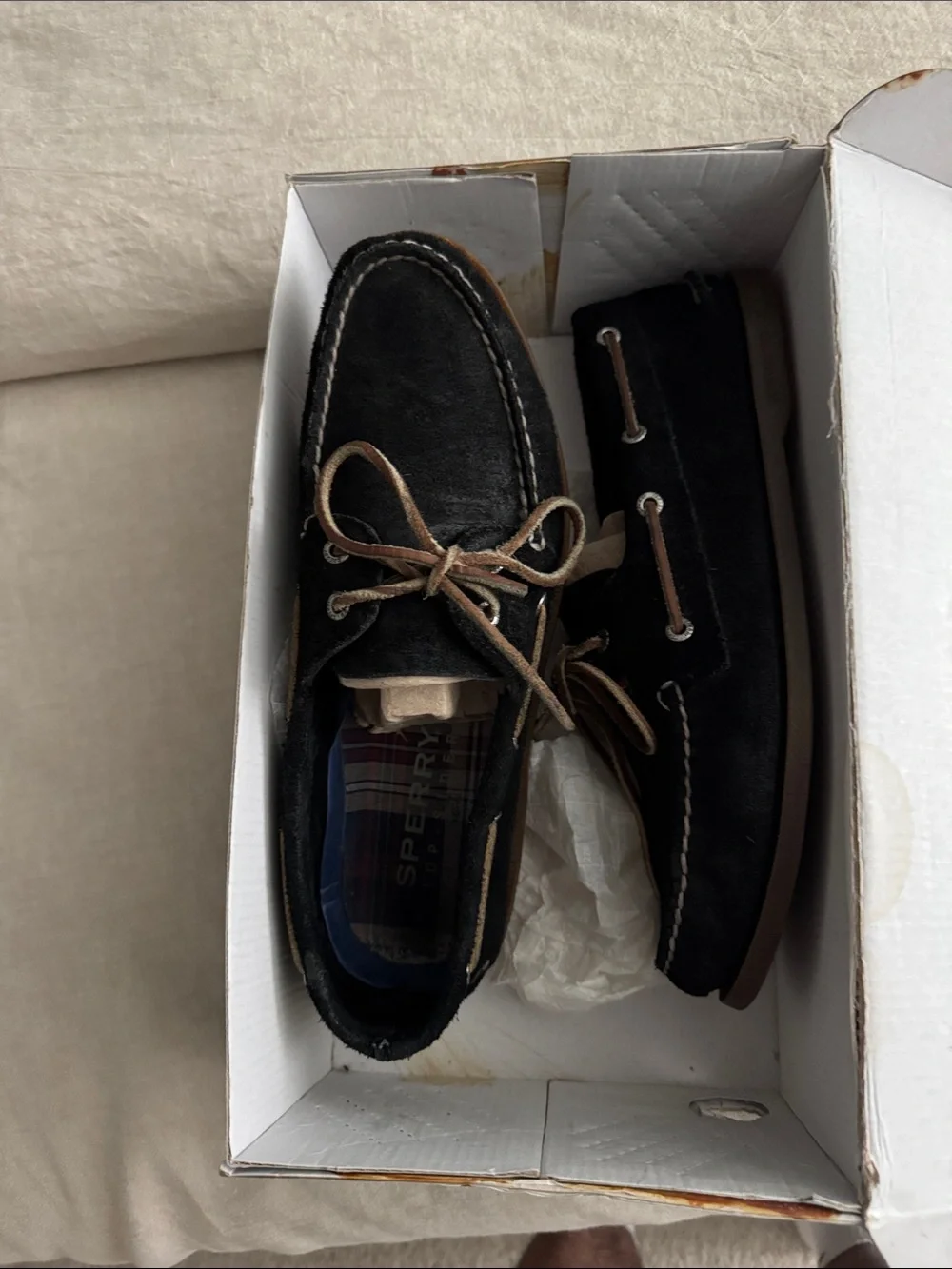 Sperry Black Suede Boat Shoes with Brown Trim